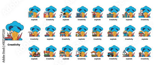 set of illustrations in the concept of bombs and creativity in a line style