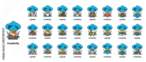 set of illustrations in the concept of bombs and creativity in a line style