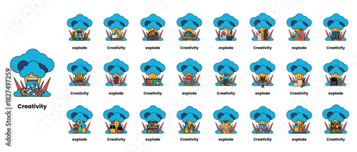 set of illustrations in the concept of bombs and creativity in a line style