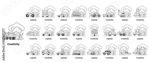 set of illustrations in the concept of bombs and creativity in a line style