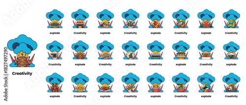 set of illustrations in the concept of bombs and creativity in a line style