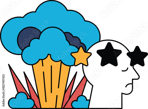 A man with two stars on his head is looking at a cloud of smoke