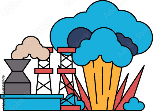 A black and white drawing of a factory with a cloud of smoke in the background