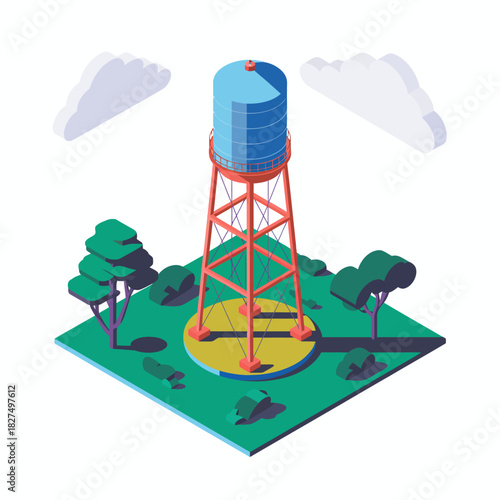 A charming illustration of a water tower amidst verdant trees, symbolizing infrastructure and nature's coexistence, creating a picturesque scene in a park-like setting.
