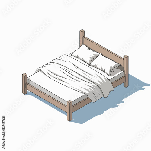 A simple yet elegant wooden bed adorned with white bedding, creating a minimalist, serene bedroom ambiance that promotes restfulness and relaxation.