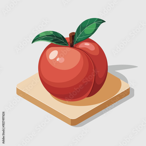 An illustration of a glossy peach on a wooden board, representing freshness and healthy eating, appealing visually with vibrant colors that evoke appetite and sweetness.