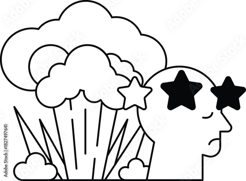A man with two stars on his head is looking at a cloud of smoke