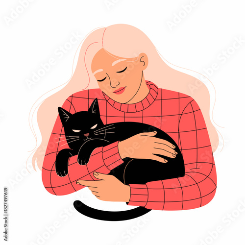 A serene illustration of a woman cradling a black cat, exuding warmth and affection, showcasing the bond between humans and their beloved pets in a gentle embrace.