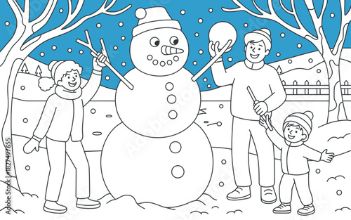 This delightful coloring image depicts a joyful family building a snowman together in a picturesque winter landscape, filled with snow and holiday cheer, perfect for seasonal fun.