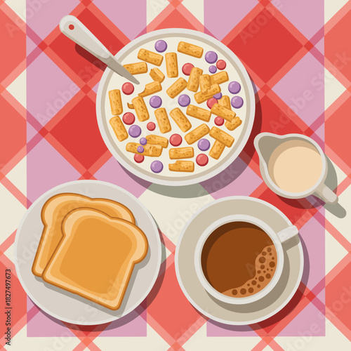 A cozy flat-lay illustration of a breakfast spread featuring coffee, toast, and cereal, inviting viewers to enjoy a cheerful start to the day.