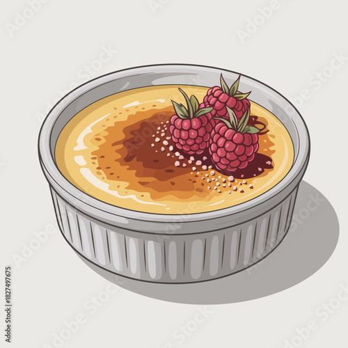 This delicious illustration showcases a beautifully crafted crème brûlée topped with fresh raspberries, evoking sensations of luxury, flavor, and gourmet art in culinary design.