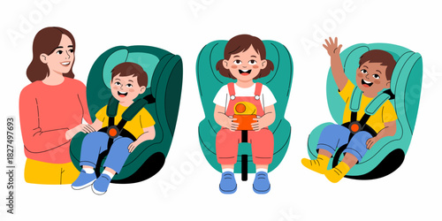 This cheerful image shows kids securely strapped into their car seats while smiling and enjoying a safe ride, emphasizing the importance of safety and joy in travel experiences.