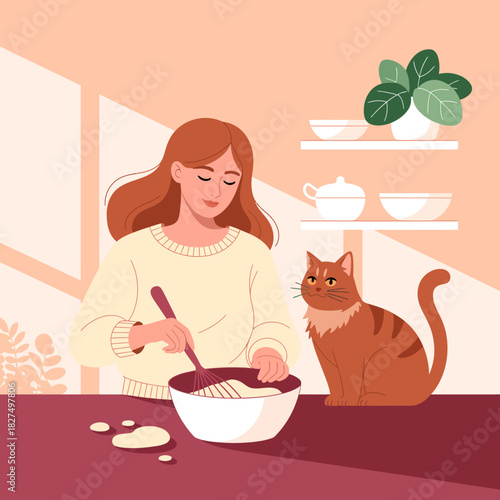 A warm, cozy scene featuring a woman mixing ingredients while her playful cat watches, capturing the joys of home cooking and companionship in a comfortable atmosphere.