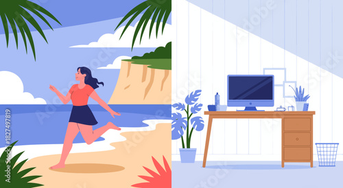 A vibrant illustration of a woman joyfully running along a sunny beach, surrounded by tropical plants and a beautiful coastal landscape, symbolizing freedom and relaxation.