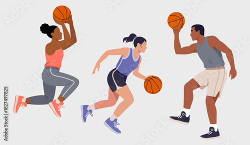 Three athletes showcase their skills in basketball, mid-action shots highlighting teamwork, athleticism, and the spirit of sports while displaying vibrant outfits and focused expressions.