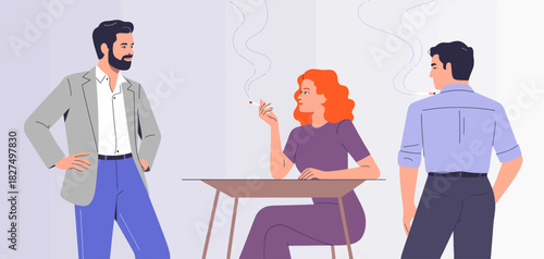 This image depicts three fashionable young adults, showcasing a playful social interaction with cigarettes, at a modern table amidst a minimalistic background.