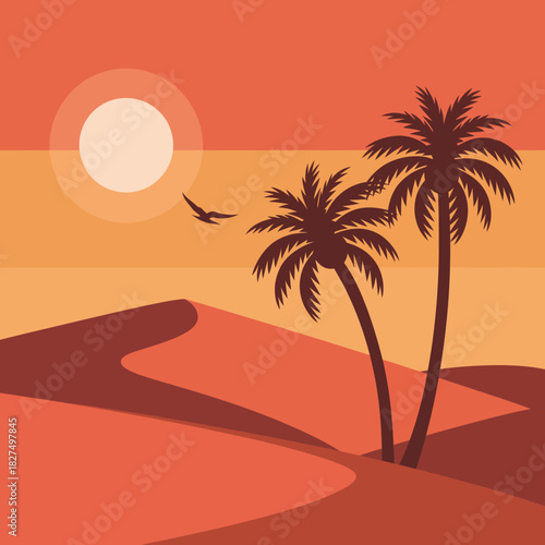 A serene depiction of a desert landscape at sunset, showcasing palm trees illuminated by soft sunlight, evoking feelings of calmness and relaxation.