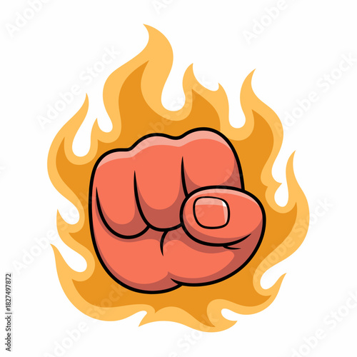 A bold illustration of a clenched fist engulfed in stylized flames, symbolizing strength, passion, and motivation, perfect for conveying action and determination.