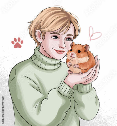 An engaging illustration of a boy cradling a hamster with compassion, representing the bond between pets and their owners, highlighted by warmth and love in their interaction.
