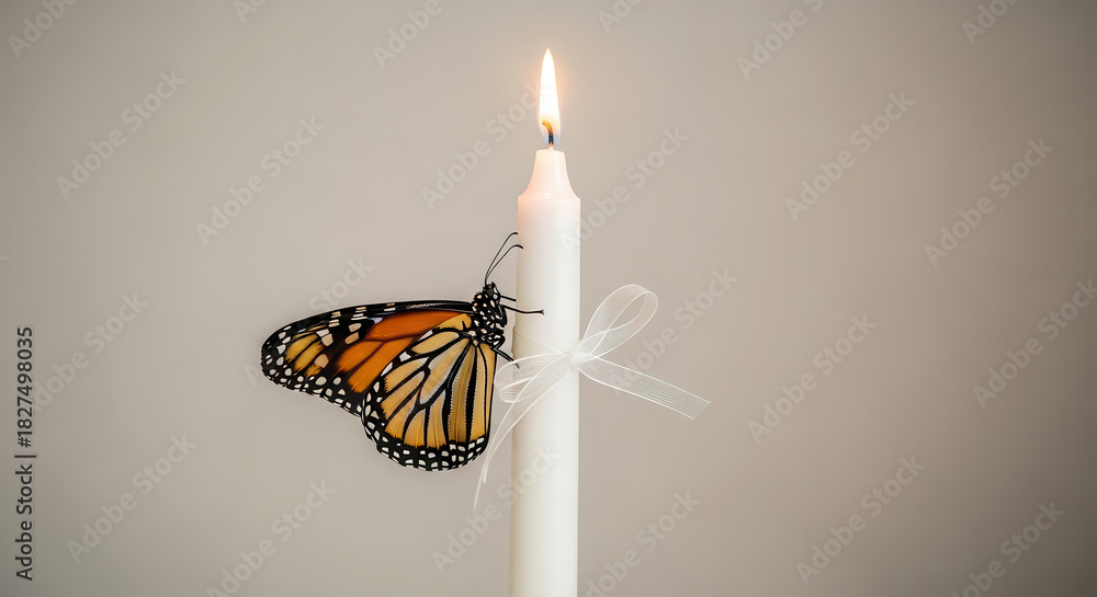 Butterfly perched on a white candle tied with a delicate bow tie, creating a serene and elegant atmosphere, perfect for decorative or thematic concepts