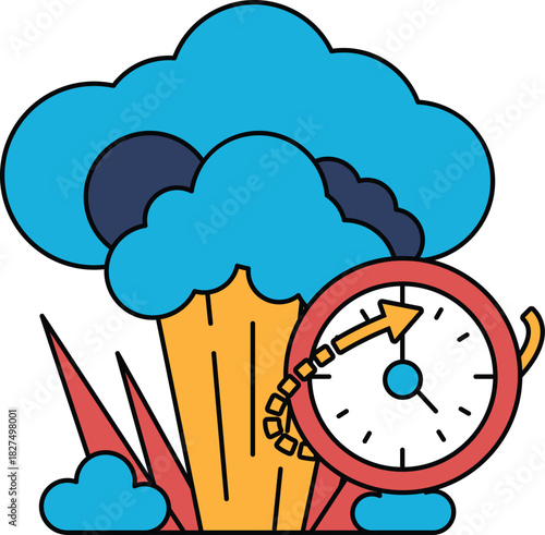 The clock is surrounded by a cloud of smoke and a large explosion