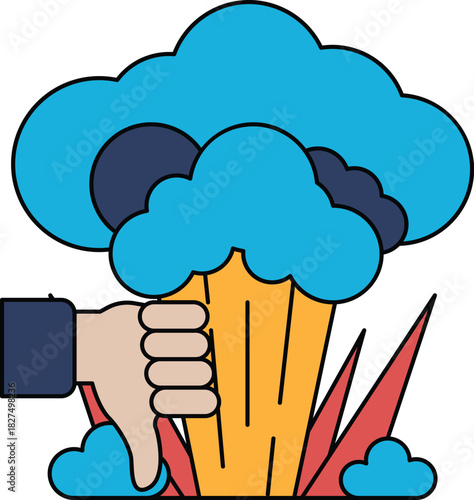 A hand is giving a thumbs down to a cloud of smoke