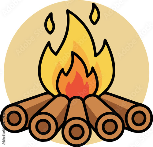 Minimalist Bonfire with Timber Logs and Warm Glow Circle – Flat Camping Fire Vector Illustration