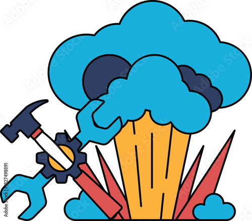 A black and white drawing of a hammer and a wrench next to a cloud of smoke