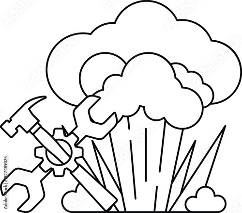 A black and white drawing of a hammer and a wrench next to a cloud of smoke