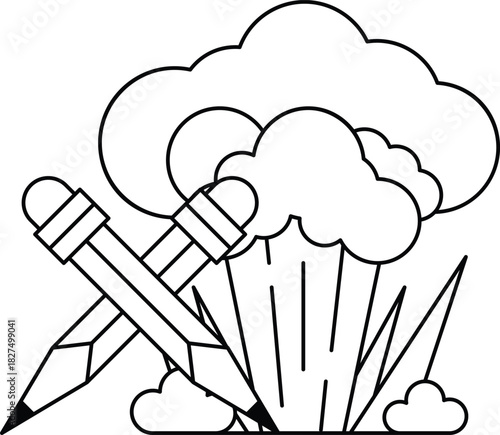 A drawing of a pencil and two pencils with a cloud in the background