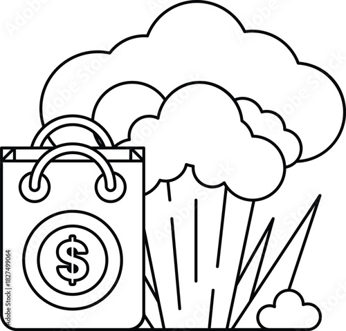 A bag with a dollar sign on it is next to a cloud of smoke