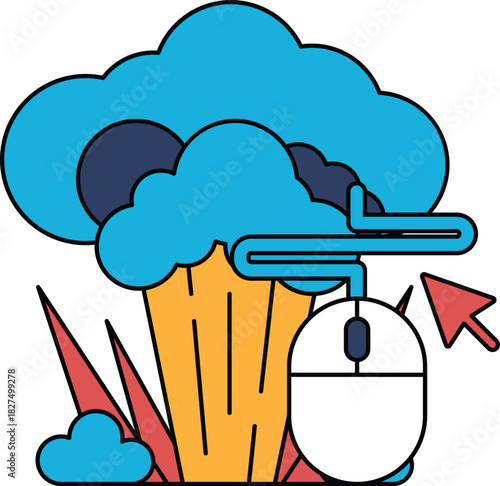 A black and white drawing of a computer mouse hovering over a cloud of broccoli