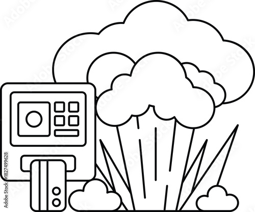 A black and white drawing of a camera with a card reader