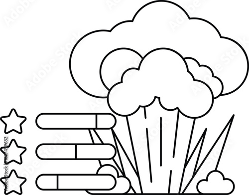 A white and black drawing of a cloud with a star and a firework