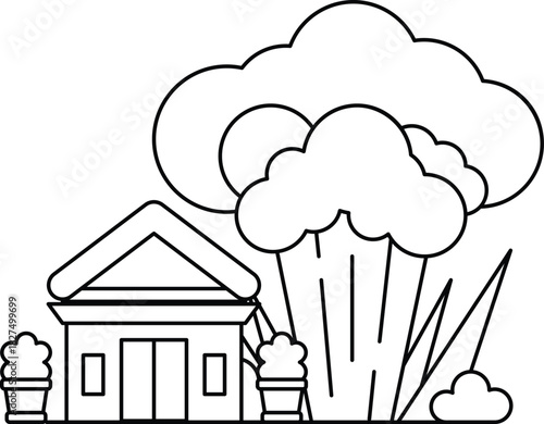 A house is shown next to a large cloud of smoke