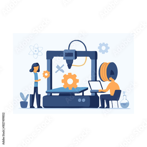 Collaborative 3D Printing Scene With Designers, Engineers, And A Large Printer In A Modern Studio