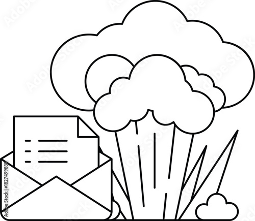 A white and black drawing of a cloud with a letter in an envelope