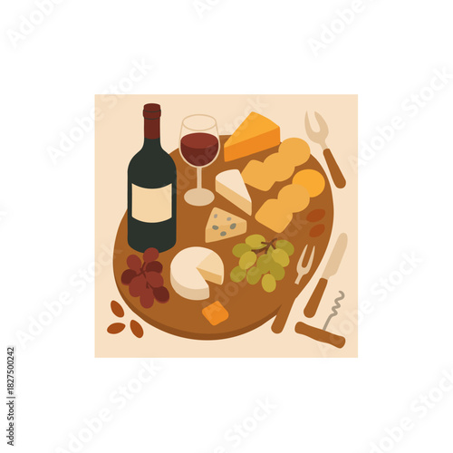 Charcuterie Board With Wine Bottle And Glass, Cheese, Bread And Grapes For Social Gathering