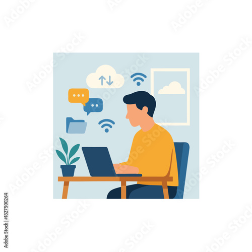 Modern Office Worker Using Laptop at Home Desk With Cloud and WiFi Icons