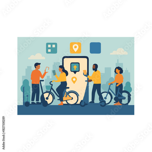 Group of Friends Exploring City on Shared Bikes and Smartphones for Modern Mobility