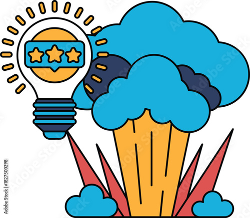 A light bulb is surrounded by three stars and is above a cloud