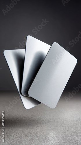 Three metallic white gift cards floating above textured surface, minimalistic style, modern and elegant concept