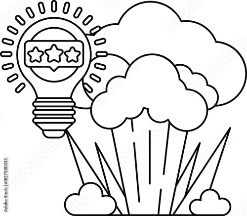 A light bulb is surrounded by three stars and is above a cloud