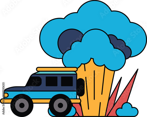 A black and white drawing of a car with a cloud of smoke coming out of it