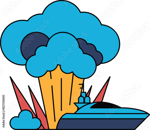 A boat is in the water with a cloud of smoke in the background