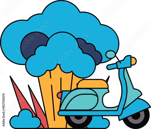 A scooter is parked in front of a tree