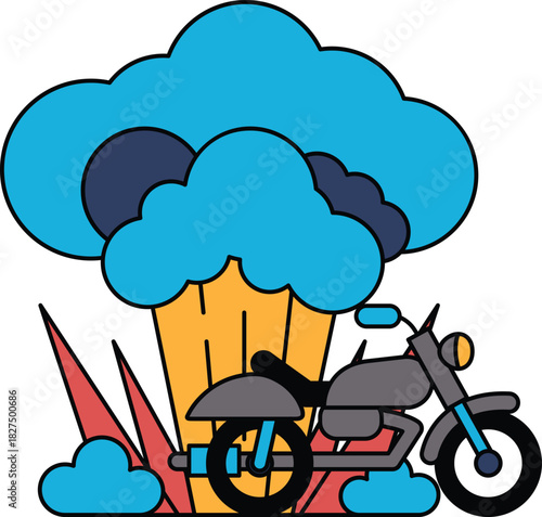 A black and white drawing of a motorcycle with a cloud in the background