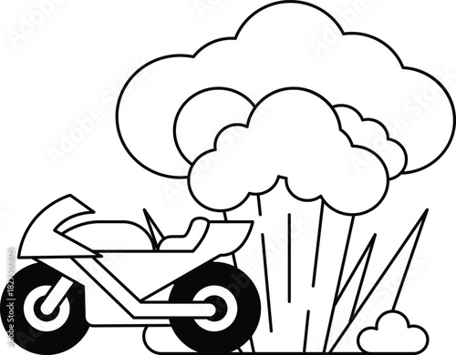 A black and white drawing of a motorcycle with a cloud of smoke behind it