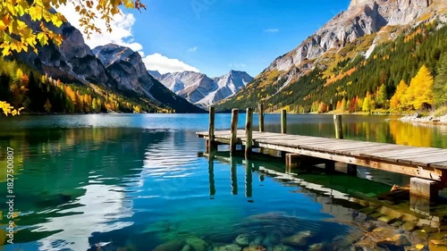 Serene Mountain Lake with Wooden Dock in Autumn Splendor.