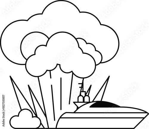 A boat is in the water with a cloud of smoke in the background